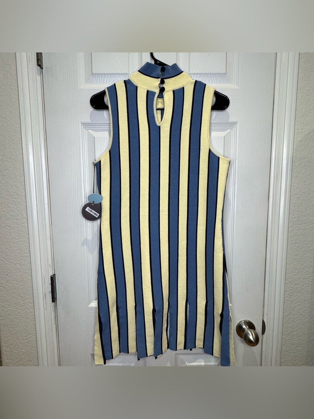 Anthropologie Eva Franco Mock-Neck Mini Cream Blue Stripe Dress Women's Medium - Picture 2 of 7